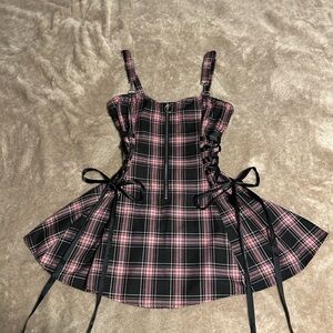 Charm School Dropout Widow Pink and Black Plaid Dress with Lace-Up Sides